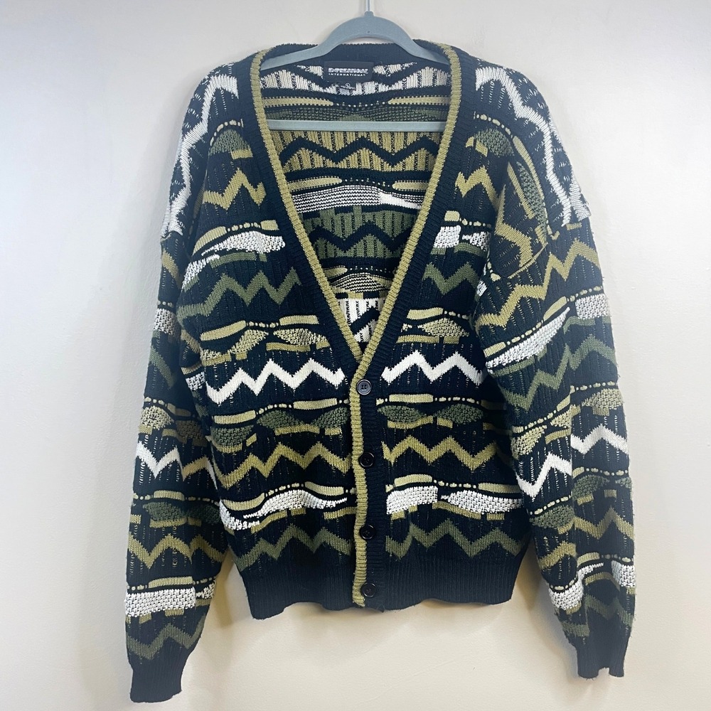 Vintage 80s Grandpa Cardigan Sweater Mens Large Green Black 80s Chunky Acrylic